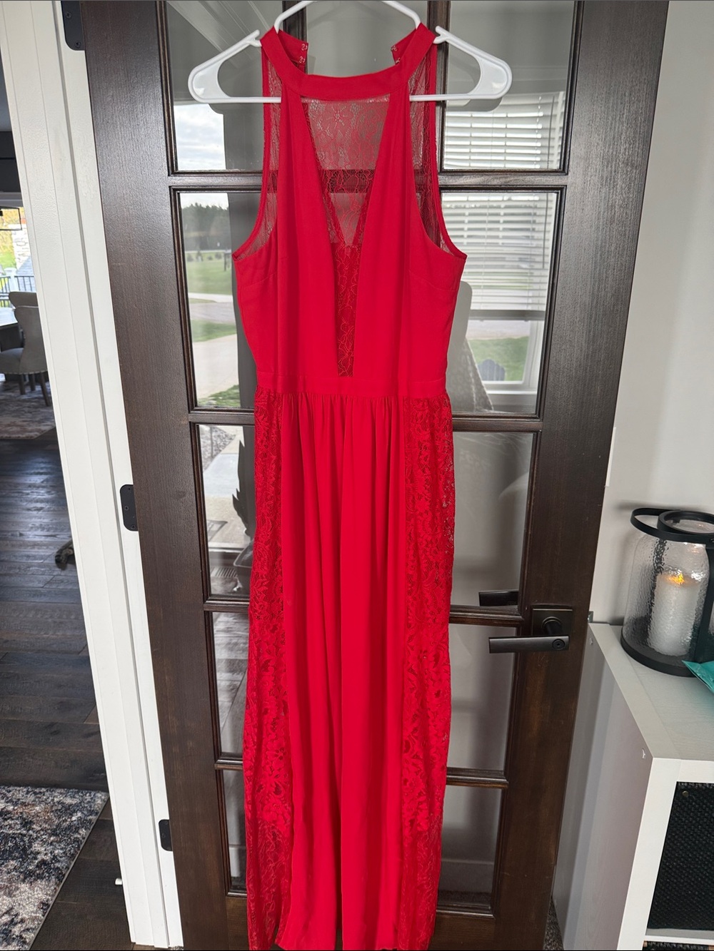 Express Red Halter Lace-Panel Maxi Dress - Picture 3 of 8